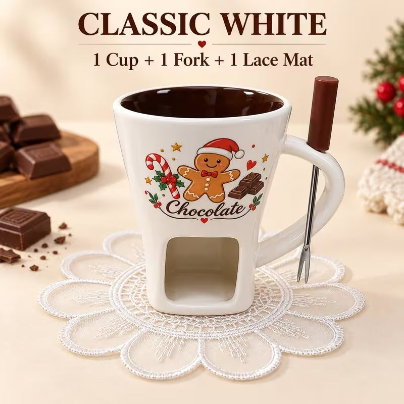 Chocolate Melting Mug with Forks, 130ml Ceramic Mini Fondue Set for Chocolate & Cheese