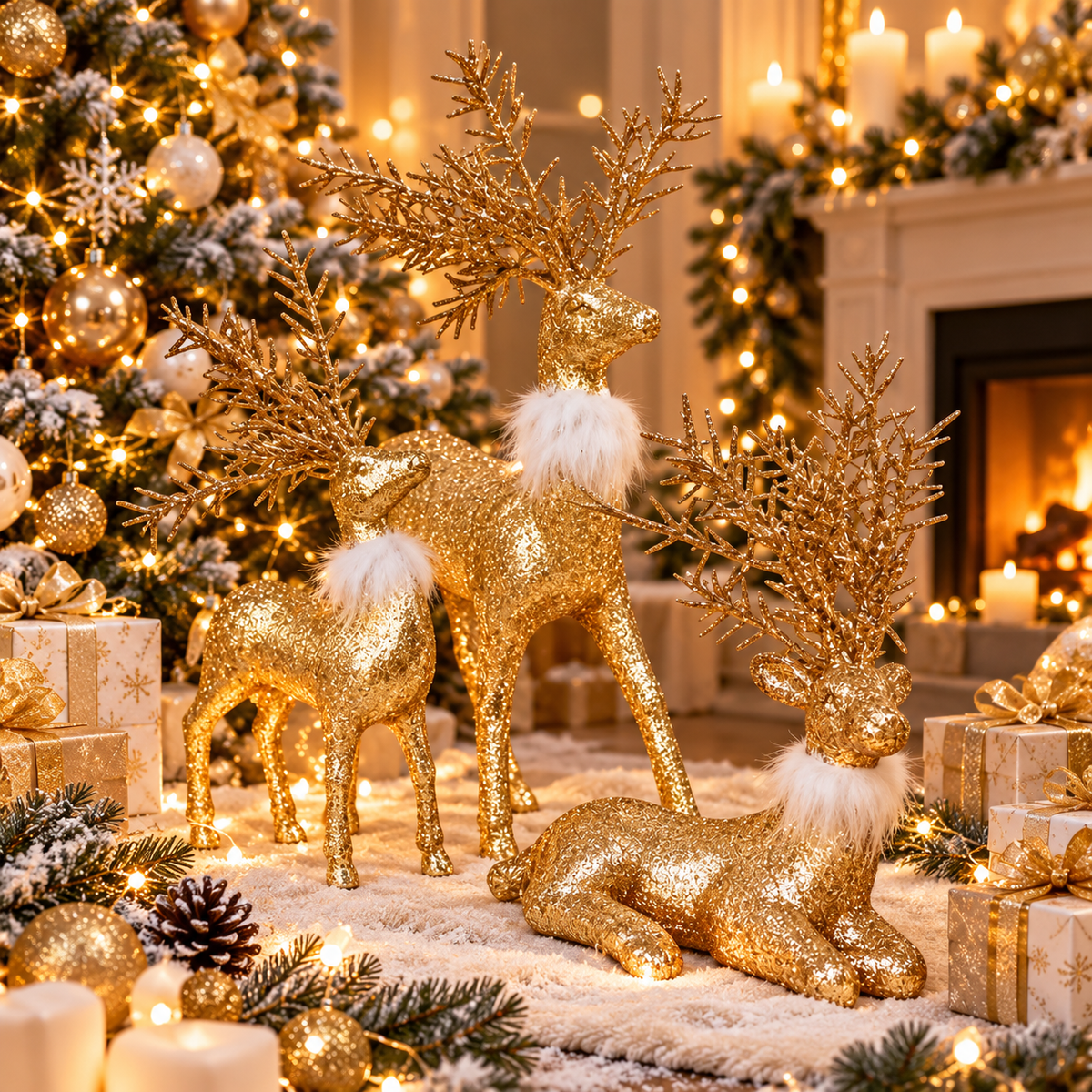 Set of 3 Gold Christmas Reindeer – Elegant Decorative Figurines