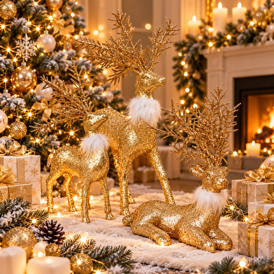 Set of 3 Gold Christmas Reindeer – Elegant Decorative Figurines