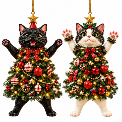 Set of 2 Christmas Cat Tree Ornaments – Cute Festive Hanging Decorations