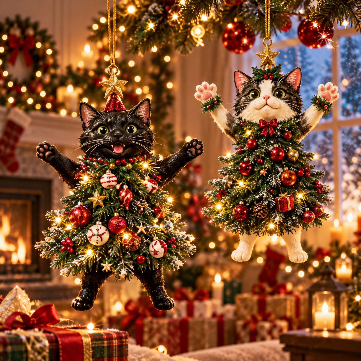 Set of 2 Christmas Cat Tree Ornaments – Cute Festive Hanging Decorations