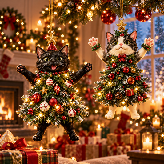 Set of 2 Christmas Cat Tree Ornaments – Cute Festive Hanging Decorations