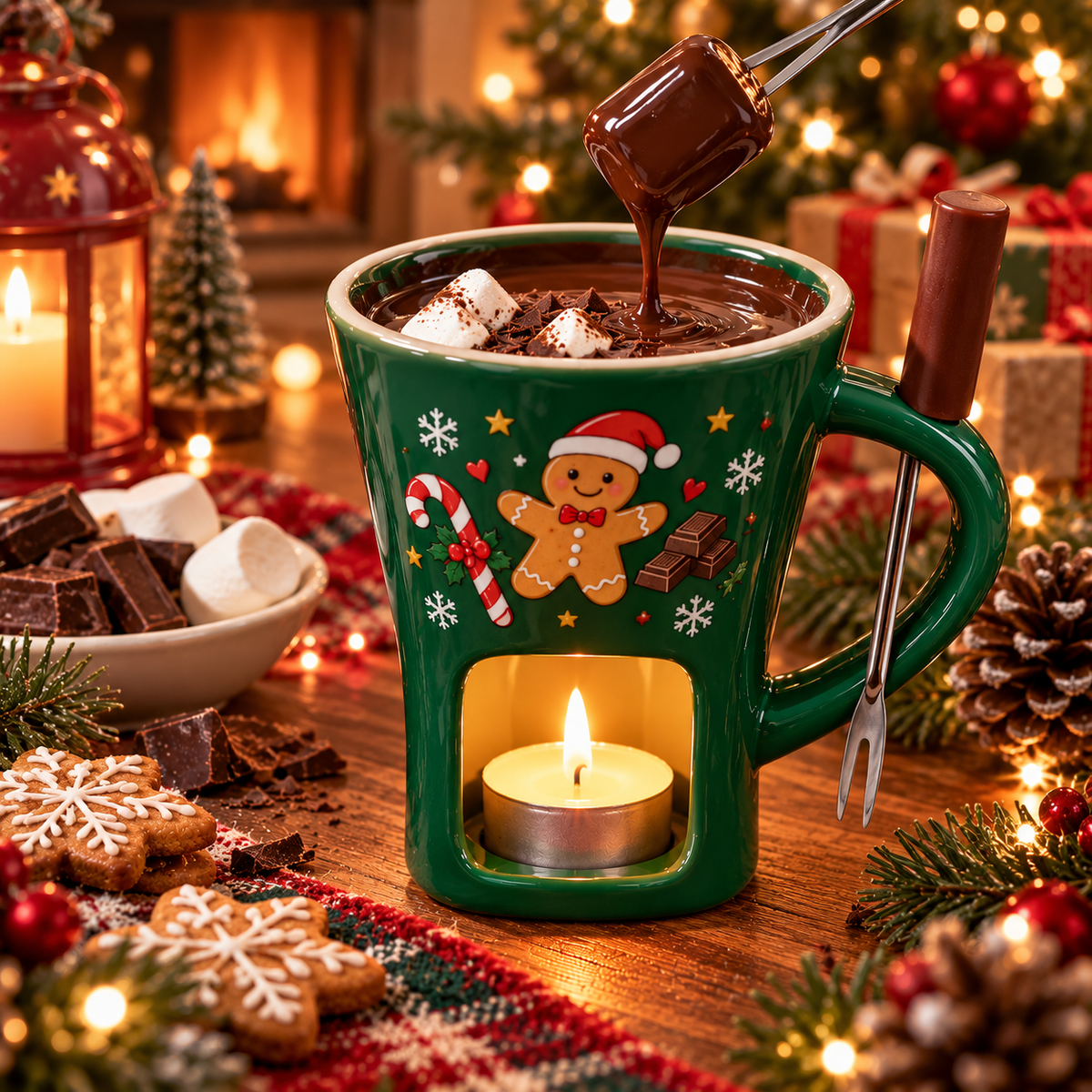 Chocolate Melting Mug with Forks, 130ml Ceramic Mini Fondue Set for Chocolate & Cheese