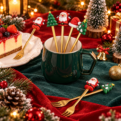 Christmas Stainless Steel Spoons and Forks, Santa, Reindeer & Tree Design, Festive Dessert and Coffee Cutlery