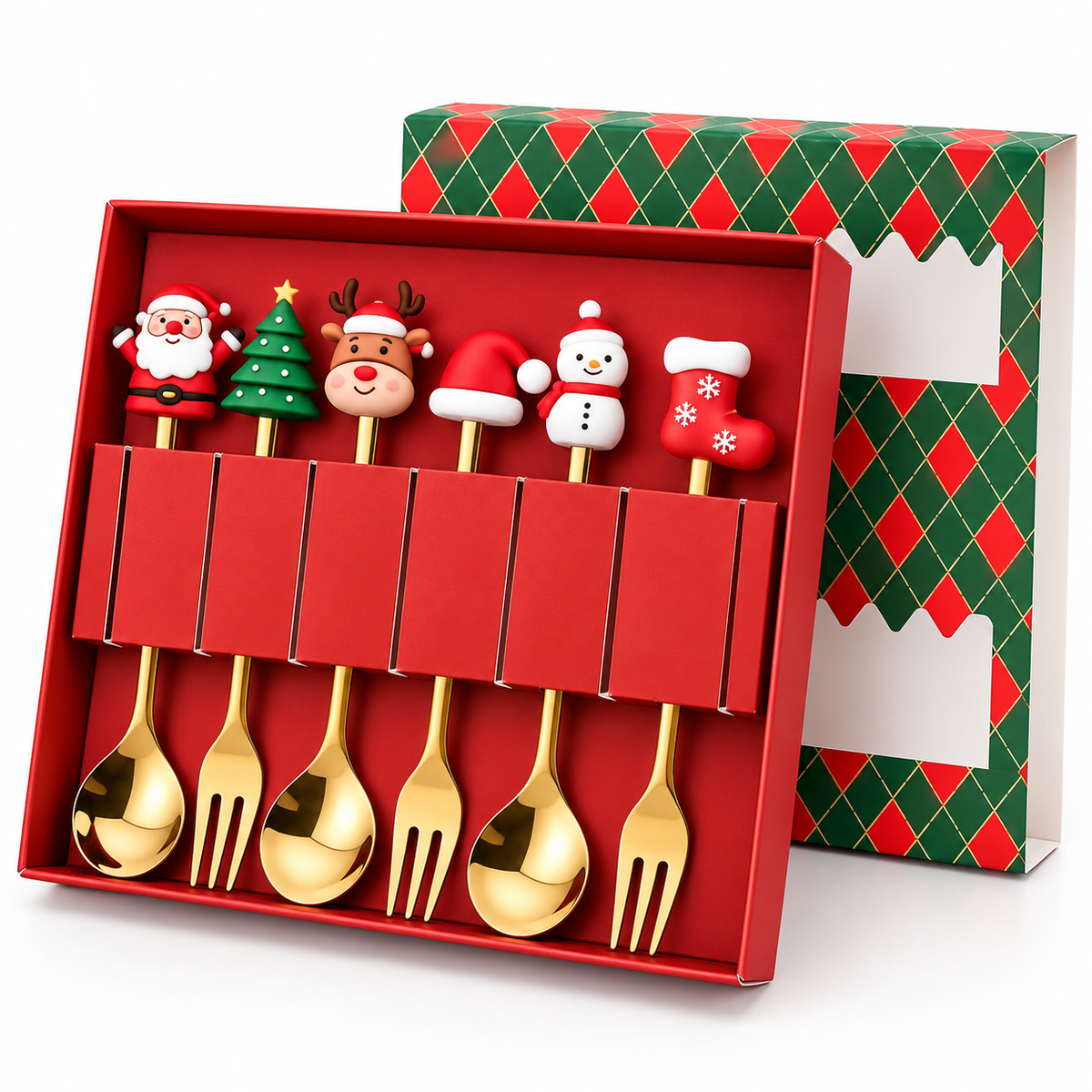 Christmas Stainless Steel Spoons and Forks, Santa, Reindeer & Tree Design, Festive Dessert and Coffee Cutlery
