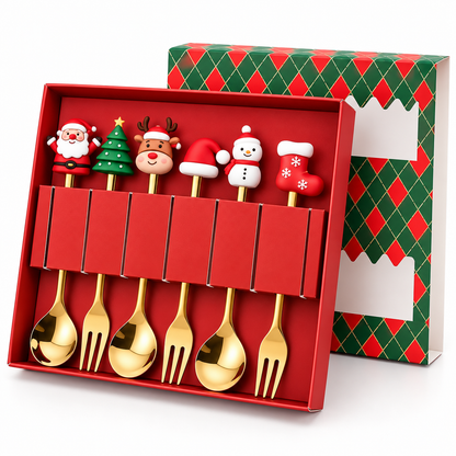 Christmas Stainless Steel Spoons and Forks, Santa, Reindeer & Tree Design, Festive Dessert and Coffee Cutlery