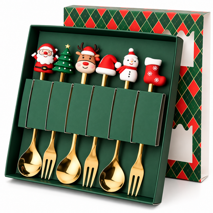 Christmas Stainless Steel Spoons and Forks, Santa, Reindeer & Tree Design, Festive Dessert and Coffee Cutlery