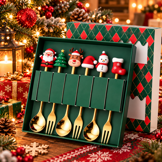 Christmas Stainless Steel Spoons and Forks, Santa, Reindeer & Tree Design, Festive Dessert and Coffee Cutlery